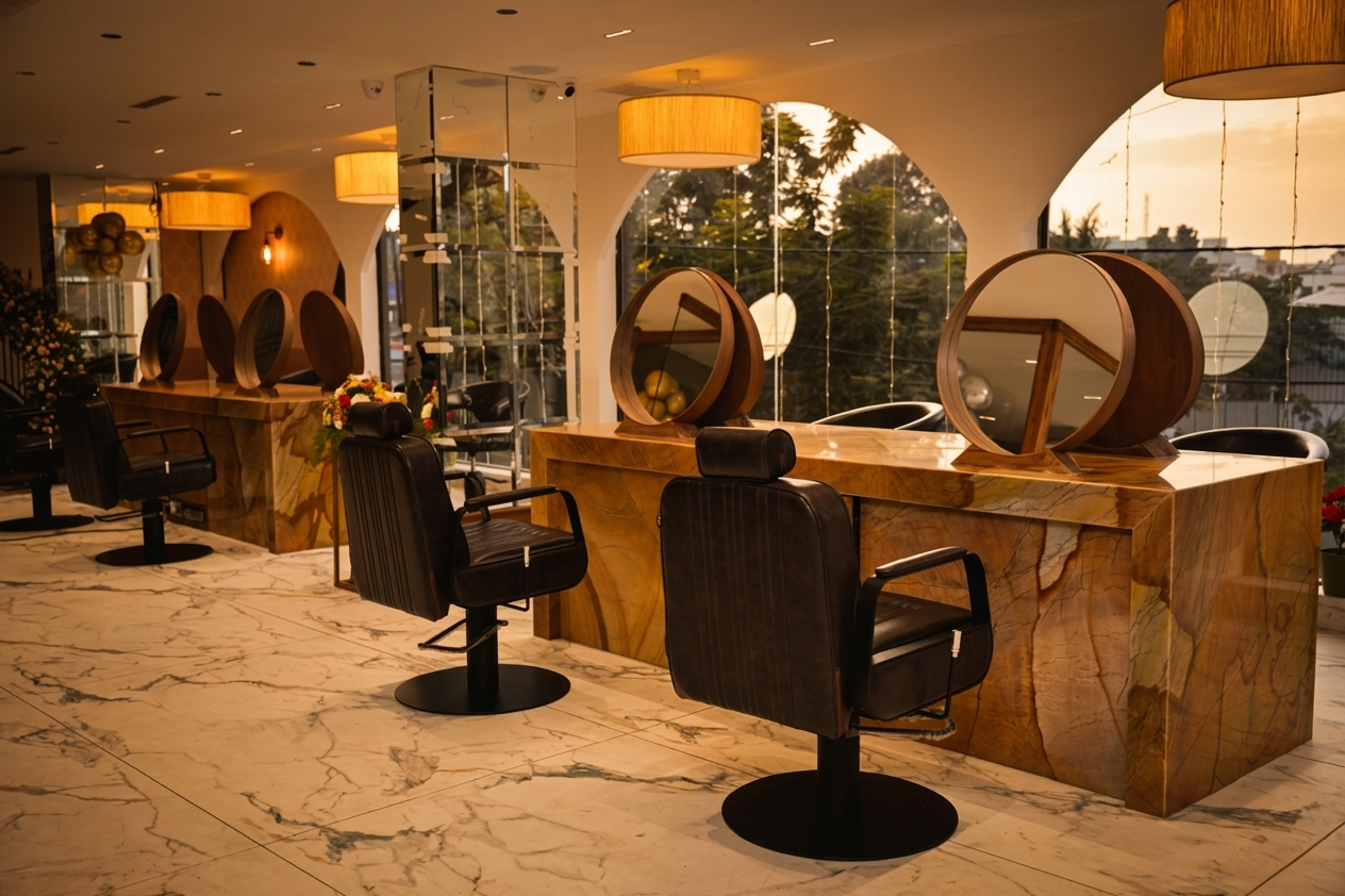 Luxury grooming salon with marble floors and round mirrors