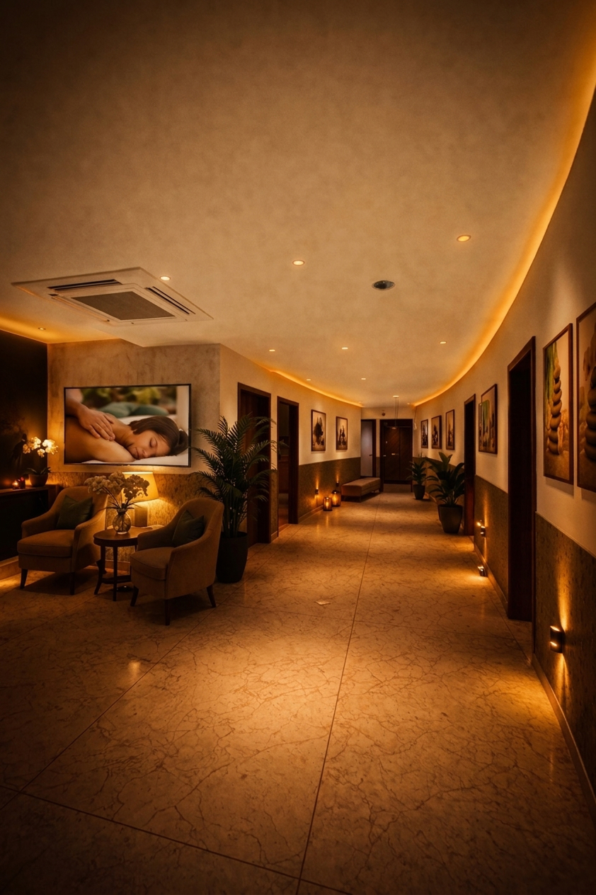 1% Circle interior — spa corridor with warm amber lighting and wellness artwork